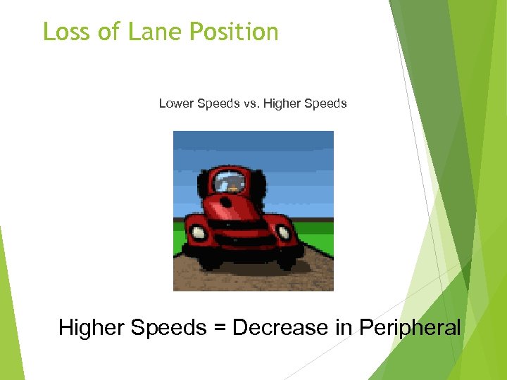 Loss of Lane Position Lower Speeds vs. Higher Speeds = Decrease in Peripheral 