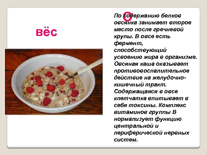 О вёс По содержанию белков овсянка занимает второе место после гречневой крупы. В овсе