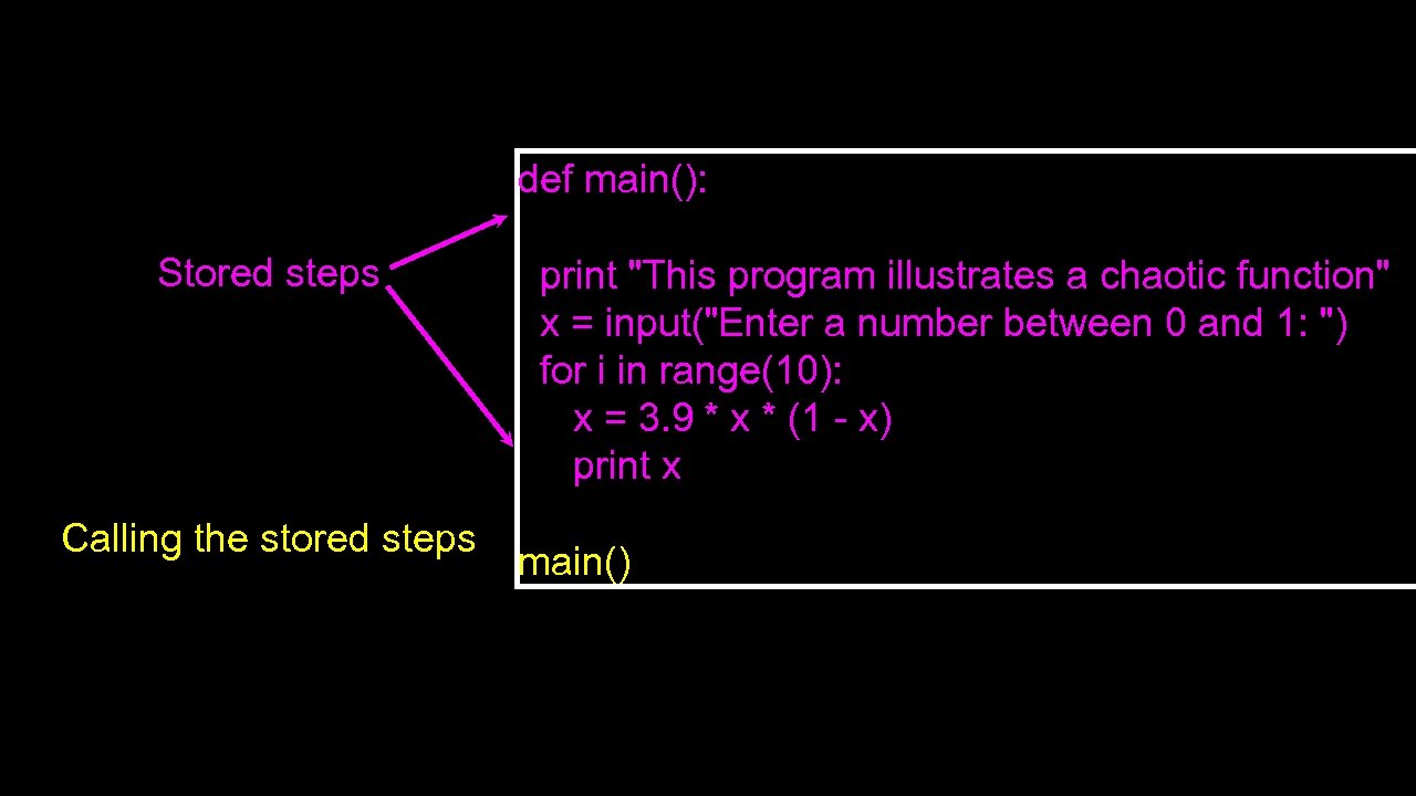 def main(): Stored steps Calling the stored steps print 