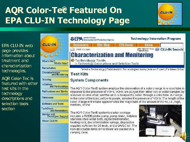 ® AQR Color-Tec Featured On EPA CLU-IN Technology Page EPA CLU-IN web page provides