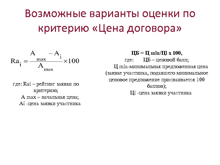 Возможные варианты оценки по критерию «Цена договора» где: Rai – рейтинг заявки по критерию;