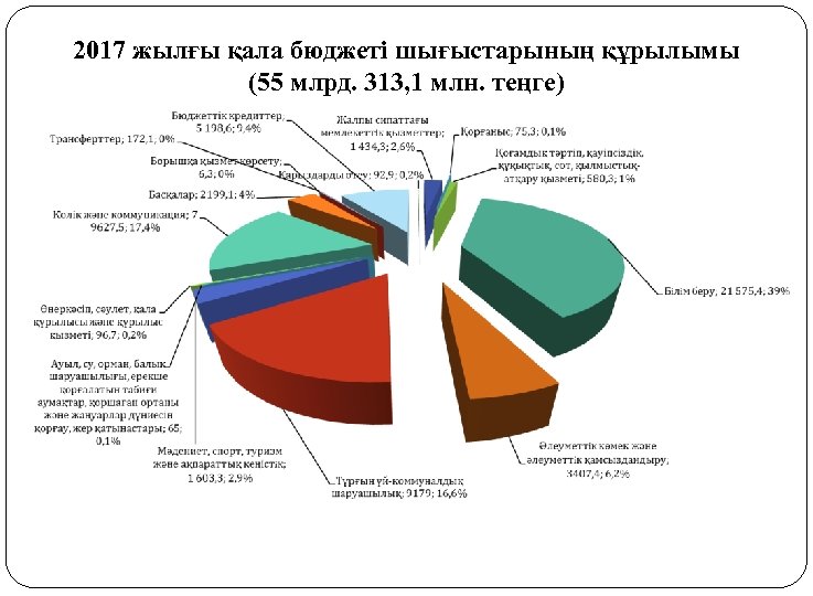 2017 жылғы қала бюджеті шығыстарының құрылымы (55 млрд. 313, 1 млн. теңге) 