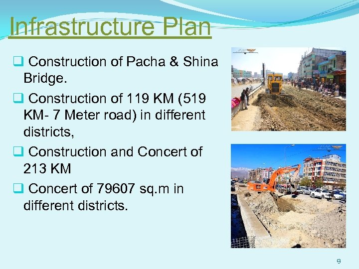 Infrastructure Plan q Construction of Pacha & Shina Bridge. q Construction of 119 KM