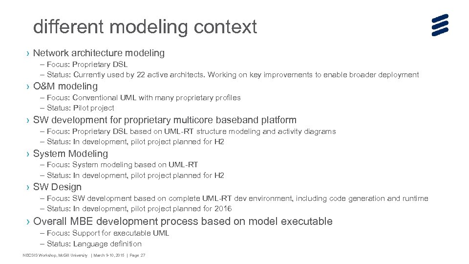 different modeling context › Network architecture modeling – Focus: Proprietary DSL – Status: Currently