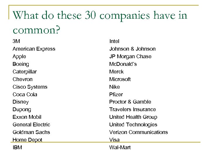 What do these 30 companies have in common? 3 M American Express Apple Boeing