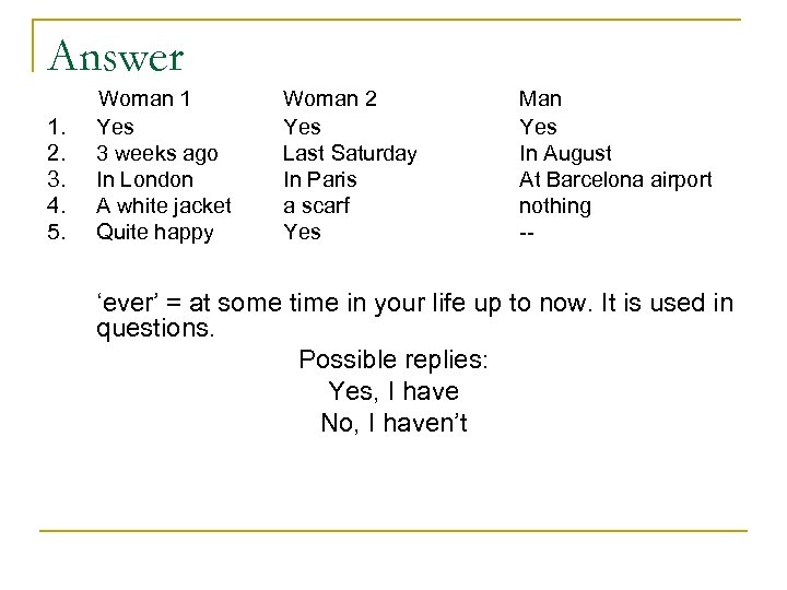 Answer 1. 2. 3. 4. 5. Woman 1 Yes 3 weeks ago In London