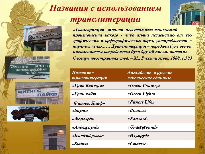 Названия с использованием транслитерации «Транскрипция - точная передача всех тонкостей произношения какого - либо