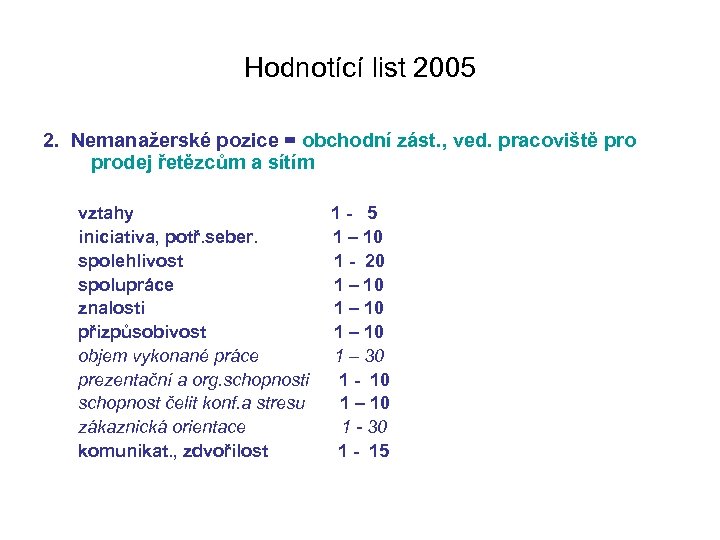 Hodnotící list 2005 2. Nemanažerské pozice = obchodní zást. , ved. pracoviště prodej řetězcům