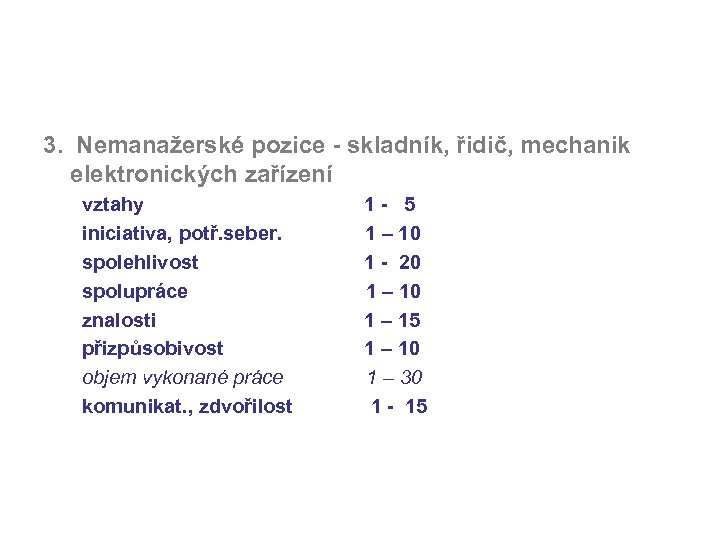 3. Nemanažerské pozice - skladník, řidič, mechanik elektronických zařízení vztahy 1 - 5 iniciativa,