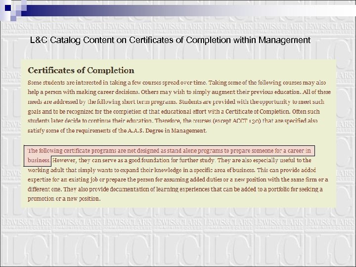 L&C Catalog Content on Certificates of Completion within Management 