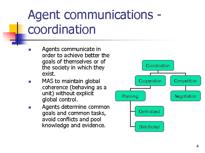 Agent communications coordination n Agents communicate in order to achieve better the goals of