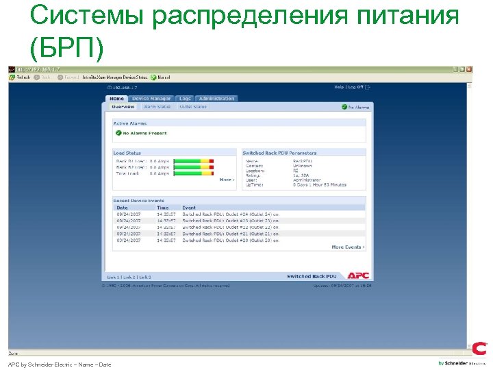 Системы распределения питания (БРП) APC by Schneider Electric – Name – Date 