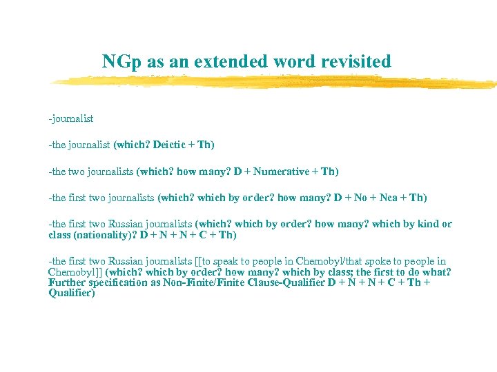 NGp as an extended word revisited -journalist -the journalist (which? Deictic + Th) -the