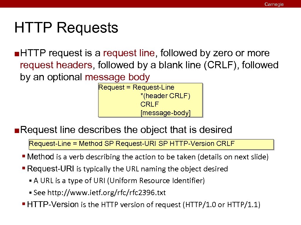 Carnegie Mellon HTTP Requests ¢ HTTP request is a request line, followed by zero