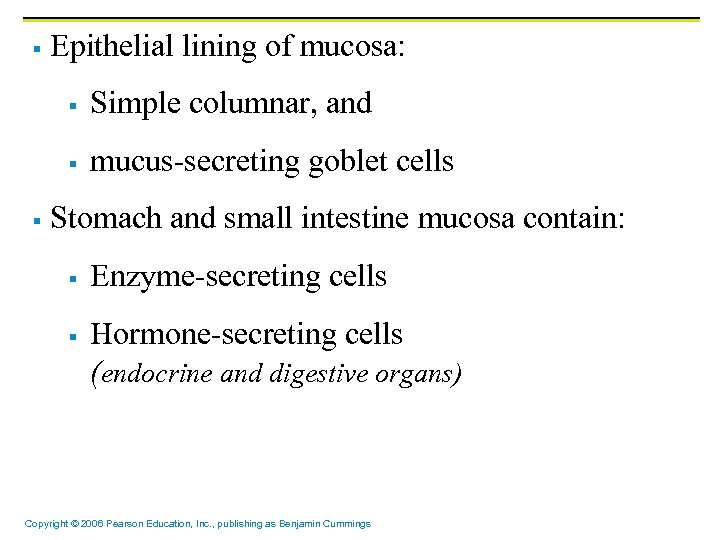 § Epithelial lining of mucosa: § § § Simple columnar, and mucus-secreting goblet cells