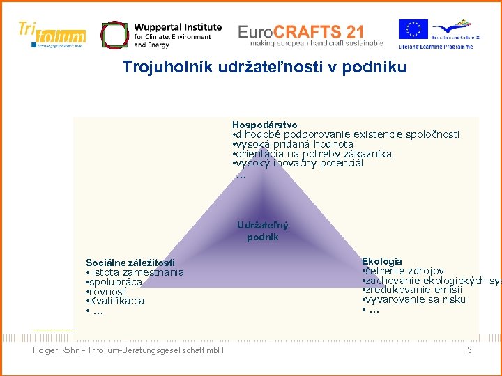 Trojuholník udržateľnosti v podniku Hospodárstvo • dlhodobé podporovanie existencie spoločností • vysoká pridaná hodnota