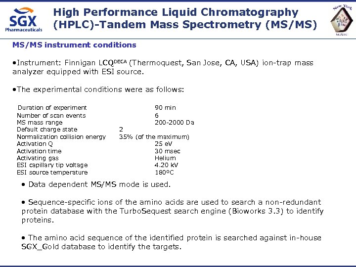 High Performance Liquid Chromatography (HPLC)-Tandem Mass Spectrometry (MS/MS) MS/MS instrument conditions • Instrument: Finnigan