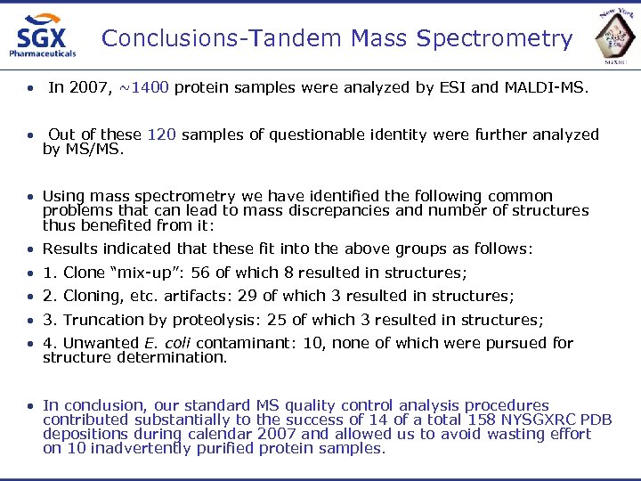 Conclusions-Tandem Mass Spectrometry • In 2007, ~1400 protein samples were analyzed by ESI and