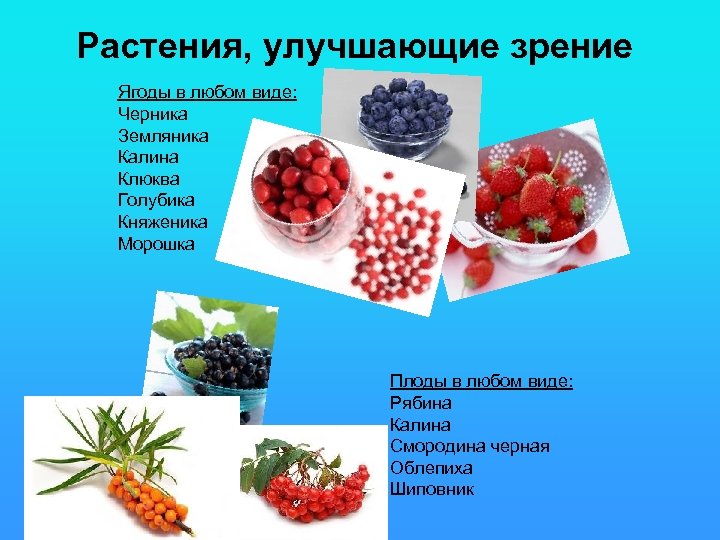 Растения, улучшающие зрение Ягоды в любом виде: Черника Земляника Калина Клюква Голубика Княженика Морошка