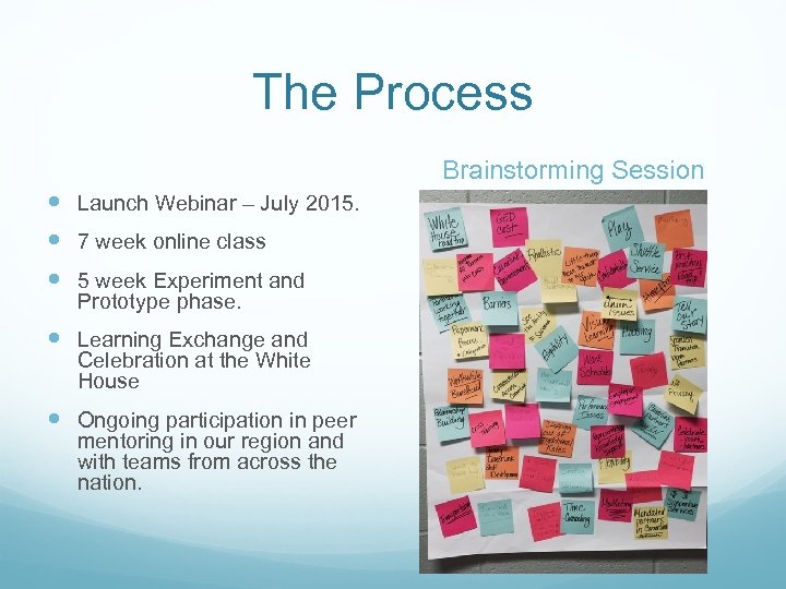 The Process Brainstorming Session Launch Webinar – July 2015. 7 week online class 5