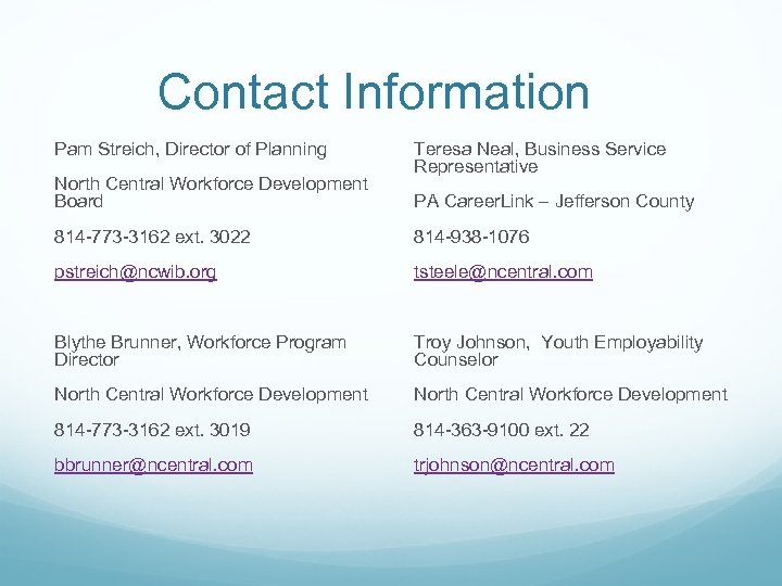 Contact Information Pam Streich, Director of Planning North Central Workforce Development Board Teresa Neal,