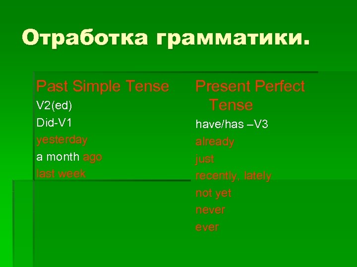 Отработка грамматики. Past Simple Tense V 2(ed) Did-V 1 yesterday a month ago last