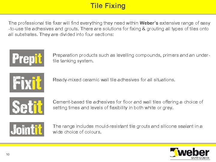 Tile Fixing The professional tile fixer will find everything they need within Weber’s extensive