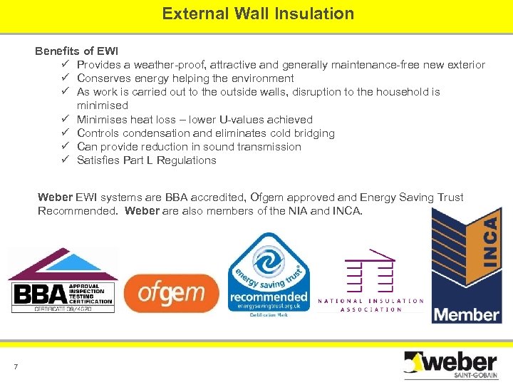  External Wall Insulation Benefits of EWI ü Provides a weather-proof, attractive and generally