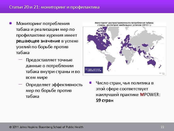 Статьи 20 и 21: мониторинг и профилактика Мониторинг потребления табака и реализации мер по