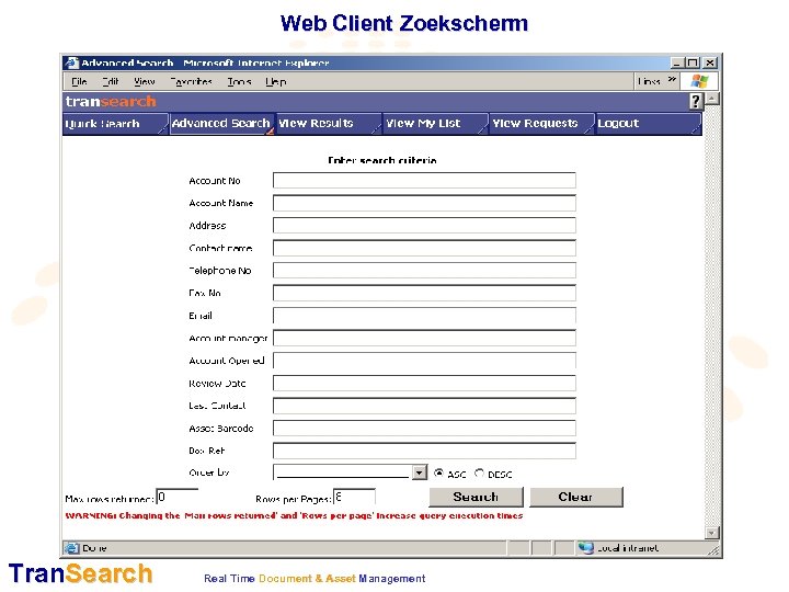 Web Client Zoekscherm Tran. Search Real Time Document & Asset Management 