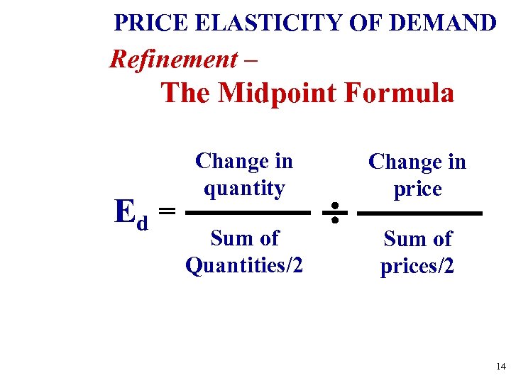 PRICE ELASTICITY OF DEMAND Refinement – The Midpoint Formula Ed = Change in quantity