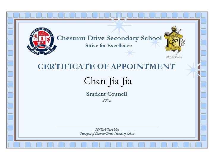 Chestnut Drive Secondary School Strive for Excellence CERTIFICATE OF APPOINTMENT Chan Jia Student Council