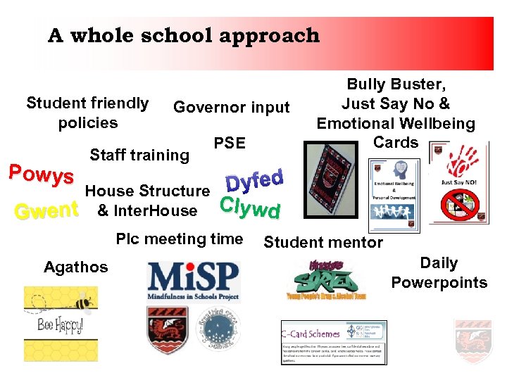 A whole school approach Student friendly policies Governor input Staff training PSE Bully Buster,