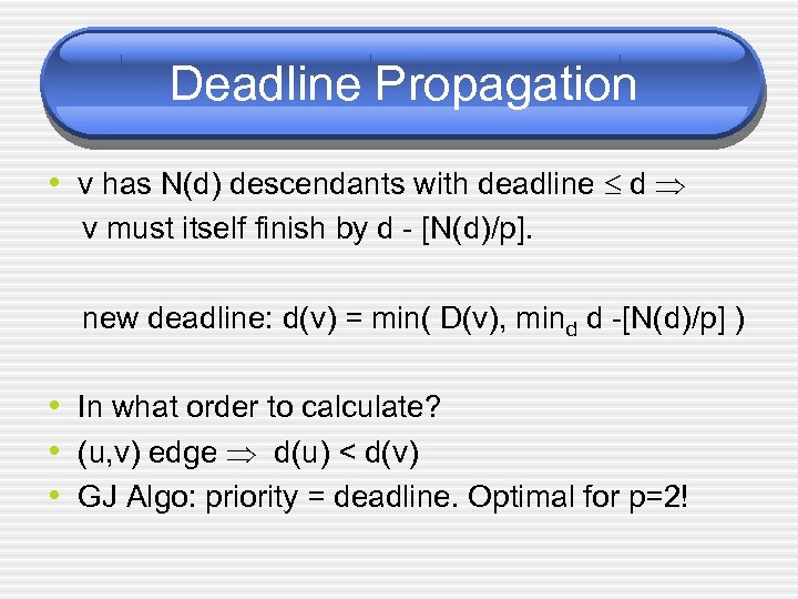 Deadline Propagation • v has N(d) descendants with deadline d v must itself finish