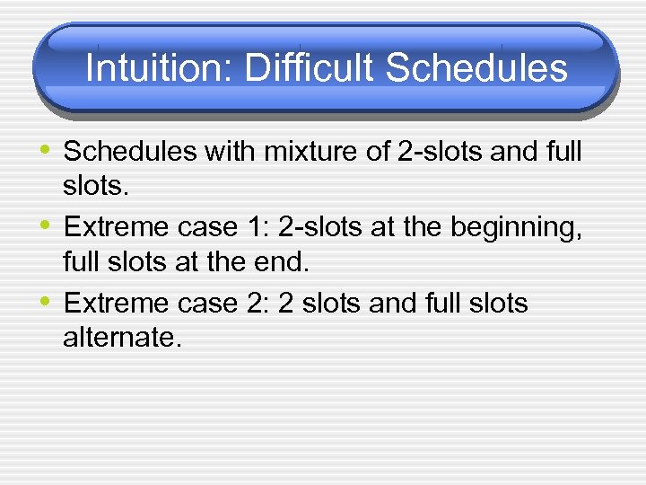 Intuition: Difficult Schedules • Schedules with mixture of 2 -slots and full • •