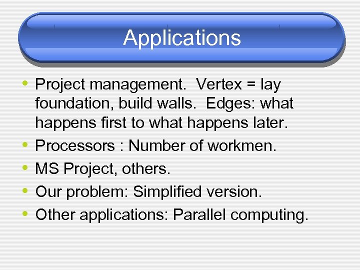 Applications • Project management. Vertex = lay • • foundation, build walls. Edges: what