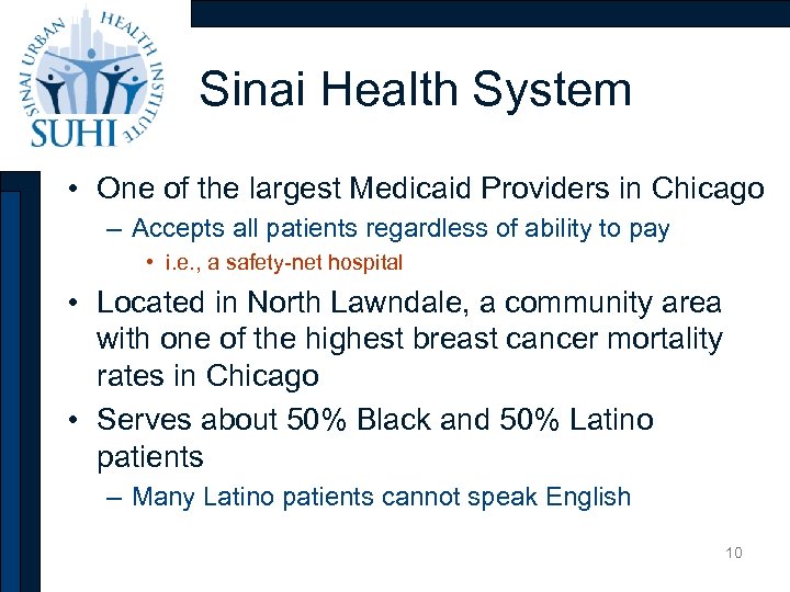 Sinai Health System • One of the largest Medicaid Providers in Chicago – Accepts