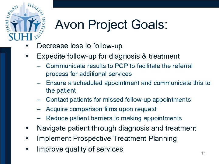 Avon Project Goals: • • Decrease loss to follow-up Expedite follow-up for diagnosis &