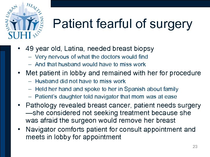 Patient fearful of surgery • 49 year old, Latina, needed breast biopsy – Very