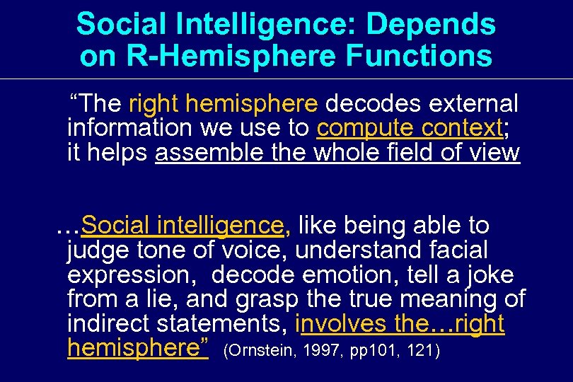 Social Intelligence: Depends on R-Hemisphere Functions “The right hemisphere decodes external information we use