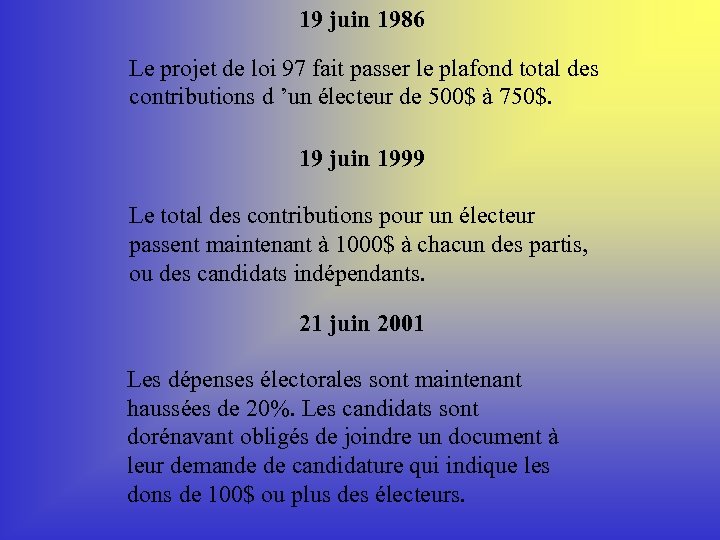 19 juin 1986 Le projet de loi 97 fait passer le plafond total des