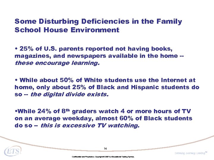 Some Disturbing Deficiencies in the Family School House Environment • 25% of U. S.