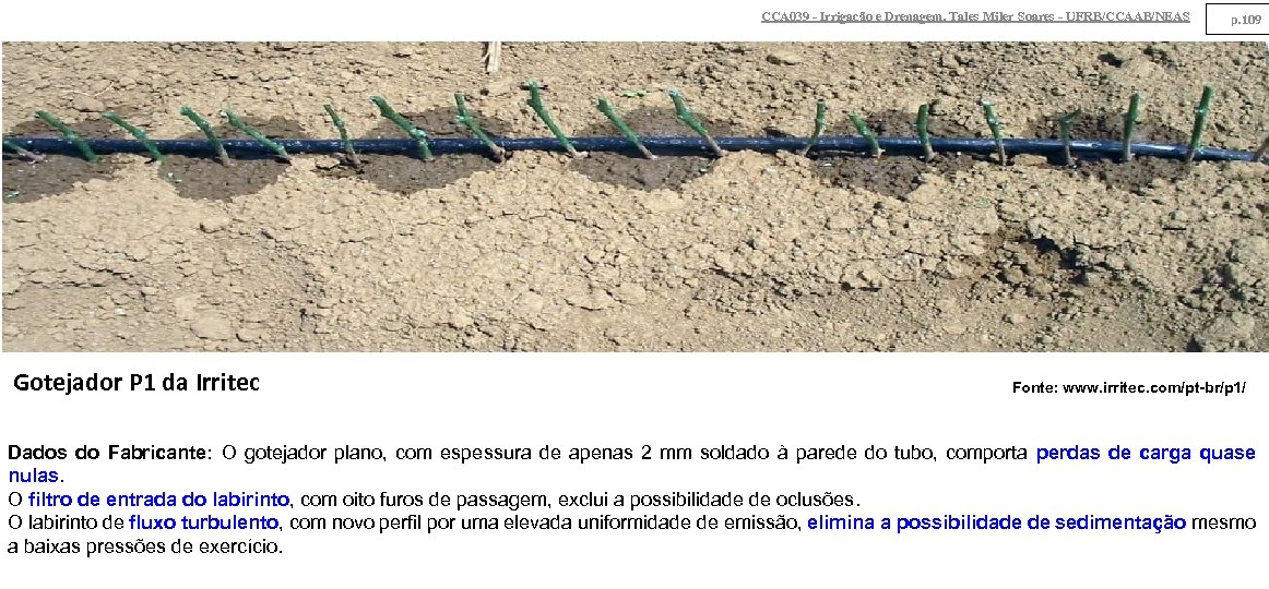 CCA 039 - Irrigação e Drenagem. Tales Miler Soares - UFRB/CCAAB/NEAS Gotejador P 1