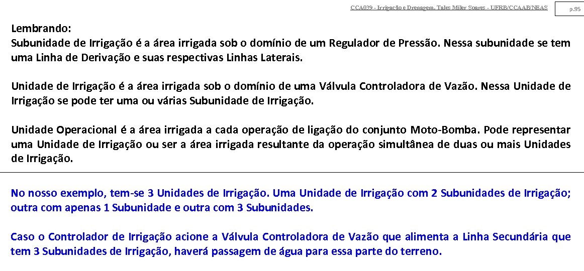 CCA 039 - Irrigação e Drenagem. Tales Miler Soares - UFRB/CCAAB/NEAS p. 95 Lembrando: