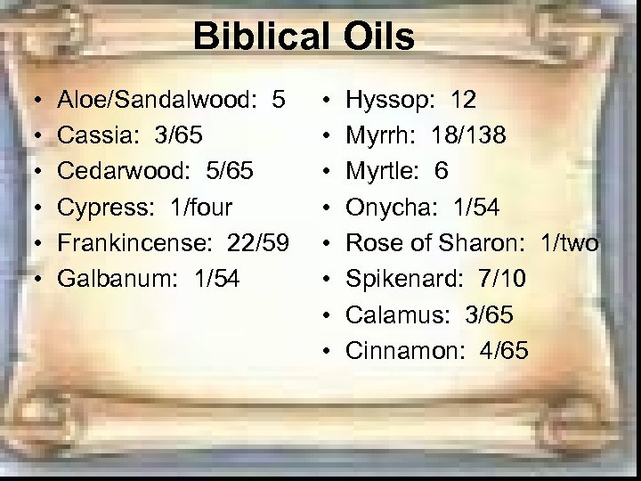Biblical Oils • • • Aloe/Sandalwood: 5 Cassia: 3/65 Cedarwood: 5/65 Cypress: 1/four Frankincense: