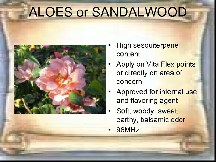 ALOES or SANDALWOOD • High sesquiterpene content • Apply on Vita Flex points or