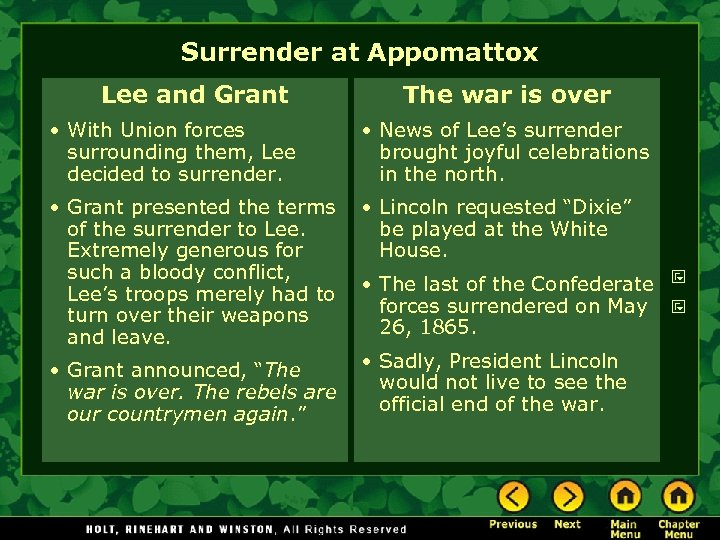 Surrender at Appomattox Lee and Grant The war is over • With Union forces