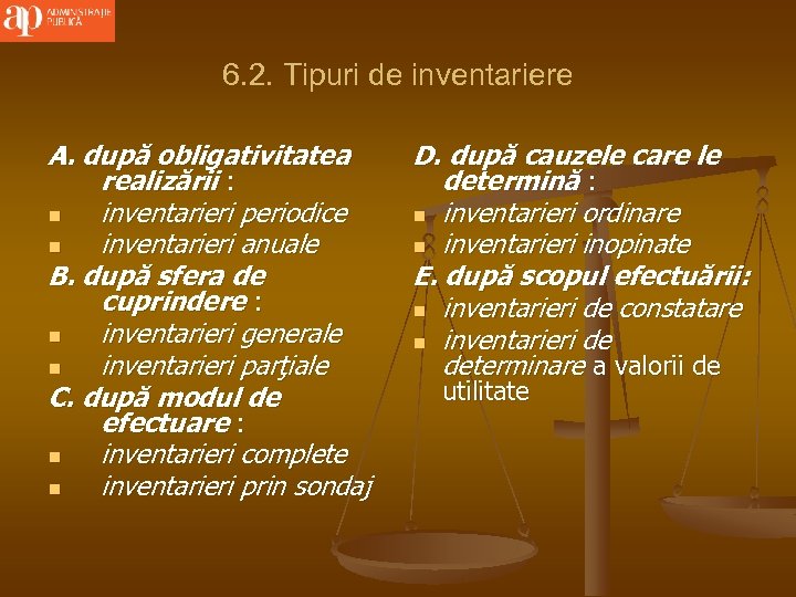 6. 2. Tipuri de inventariere A. după obligativitatea realizării : n inventarieri periodice n