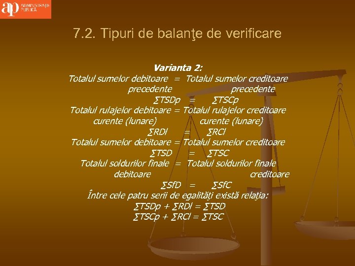 7. 2. Tipuri de balanţe de verificare Varianta 2: Totalul sumelor debitoare = Totalul