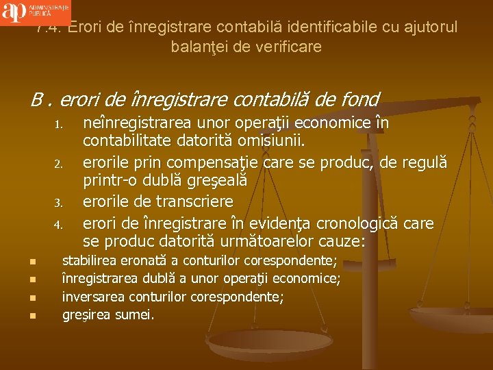 7. 4. Erori de înregistrare contabilă identificabile cu ajutorul balanţei de verificare B. erori